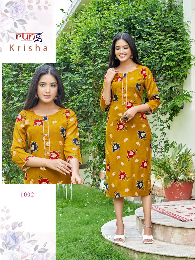 Krisha By Rang Rayon Printed Kurtis Catalog